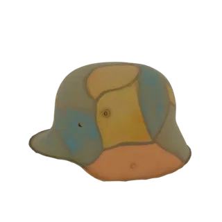 Modelo 3D de um capacete alemão da Segunda Guerra Mundial com padrão de camuflagem multicolorido, visto de lado.