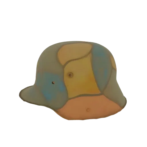 3D-Modell eines deutschen Helms aus dem Zweiten Weltkrieg mit mehrfarbigem Tarnmuster, von der Seite betrachtet.