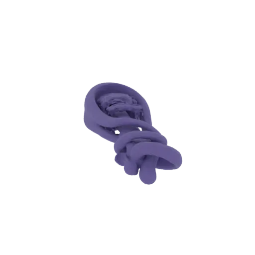 A 3D render of an abstract sculpture with intertwined purple swirls and organic, flowing forms against a white background.