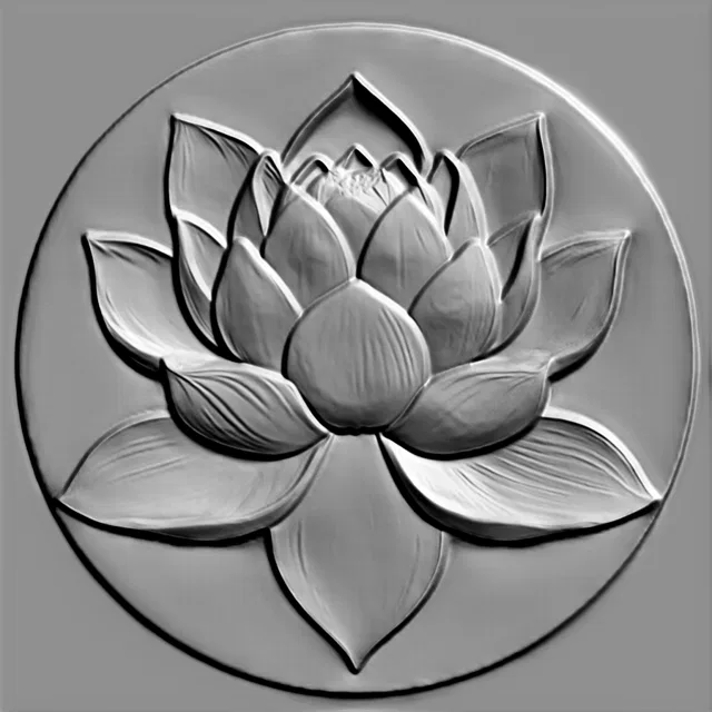 Modelo 3D de relieve de flor de loto en marco circular, estilo monocromático.
