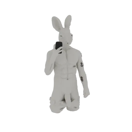 3D model of a muscular figure with a bunny head taking a selfie, showing detailed anatomy and tattoos.