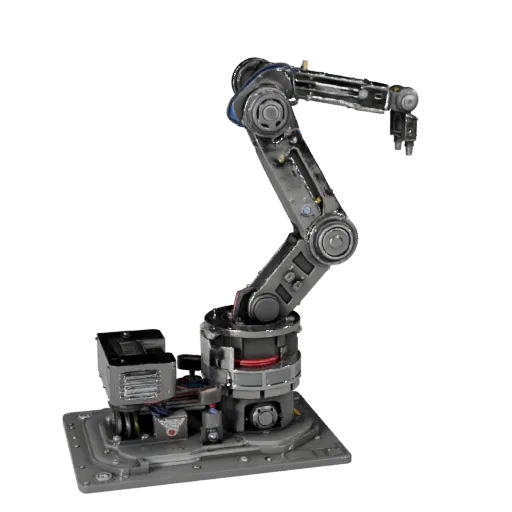 Service Robot Arm 3D model, three-quarter front view, Unity viewport, showing metal frames, robot form.