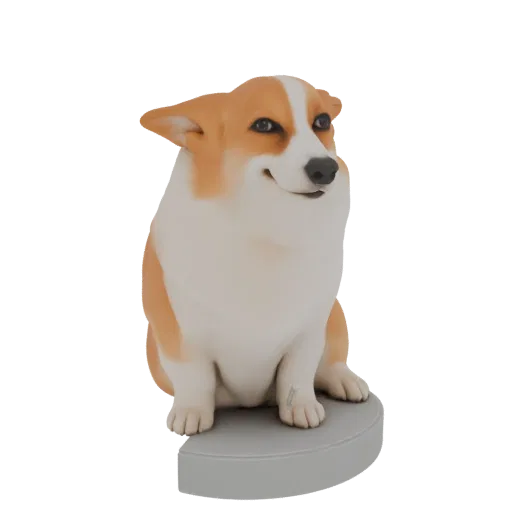3D model of a cute Corgi dog with a happy smile, sitting on a circular base.