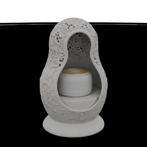 A 3D render of a white decorative holder shaped like a Matryoshka doll, featuring intricate lacework and floral patterns.