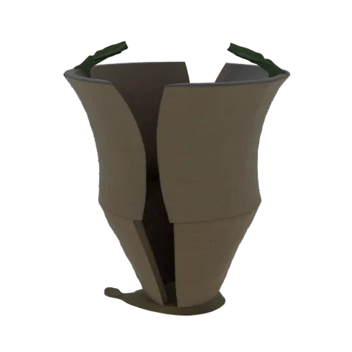 A 3D render of a cracked ceramic vase with a light beige finish and subtle green accents on the rim, set against a black back