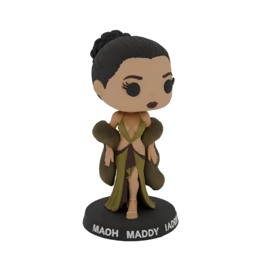 3D model of a Maddy Funko Pop figure wearing a green and brown dress with a fur stole, standing on a black base.
