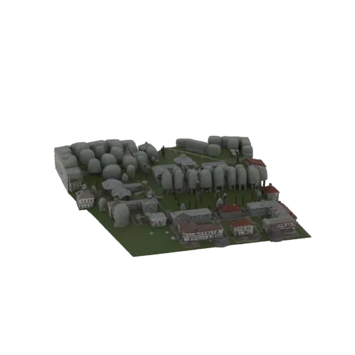 3D model of a modern suburban neighborhood with houses, trees, and streets, viewed from a slightly elevated angle.