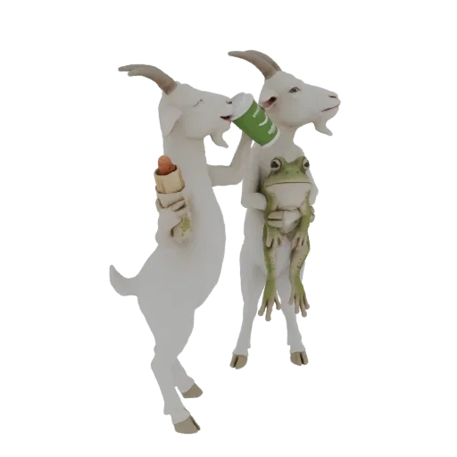 3D model of two white goats, one drinking from a green cup, the other holding a frog, against a white background.