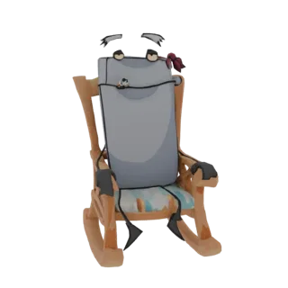 3D render of a cartoon trash can character with a tired expression, sitting in a wooden rocking chair with a patterned cushio