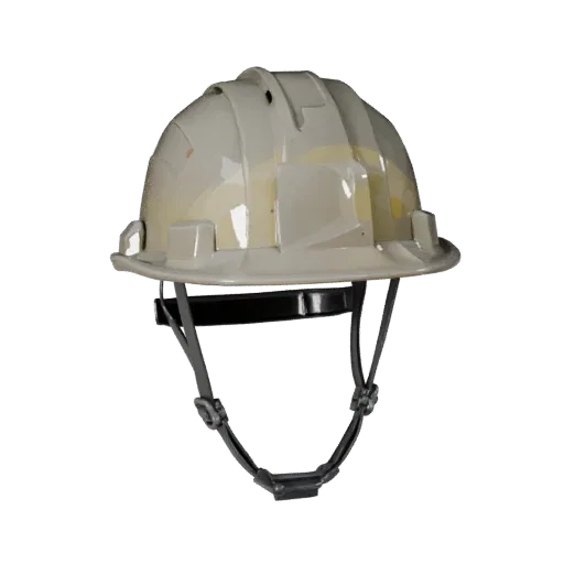 Modelo 3D estilizado de Casco de Obra, renderizado isométrico estilizado, mostrando carcasas de plástico, detalle de forma.
