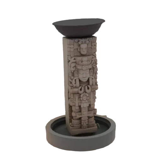 Modèle 3D d'un socle en pierre sculpté d'une figure de guerrier maya, surmonté d'un bol sombre, sur fond blanc.
