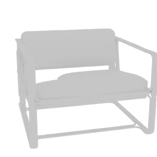 Una renderización 3D de un sillón moderno con asiento y respaldo acolchados de color claro, y una estructura minimalista.