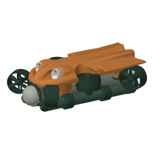 3D model of a futuristic orange amphibious explorer vehicle with green propellers and a spherical front.