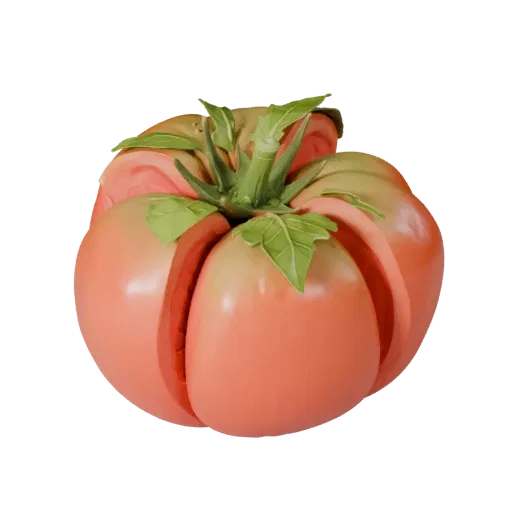 Chopped Tomato Cluster 3D model, three-quarter front view, AR viewer studio render, showing leaf veins, form detail.
