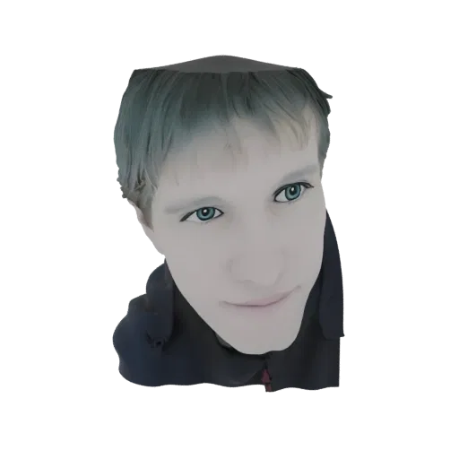 Render del modello 3D di una testa stilizzata di ragazzo anime con luminosi occhi blu e un'acconciatura moderna e astratta, c