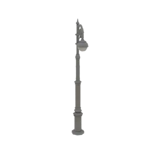 Um modelo 3D detalhado de um poste de luz vitoriano ornamentado com coluna estriada e lanterna clássica.