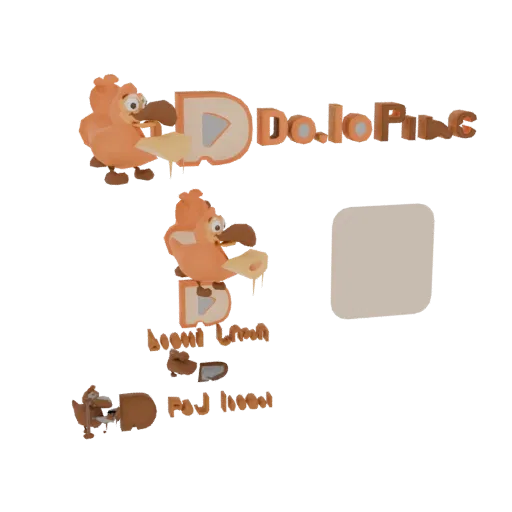 3D model of a cartoonish orange dodo bird holding a slice of yellow cheese in its beak.