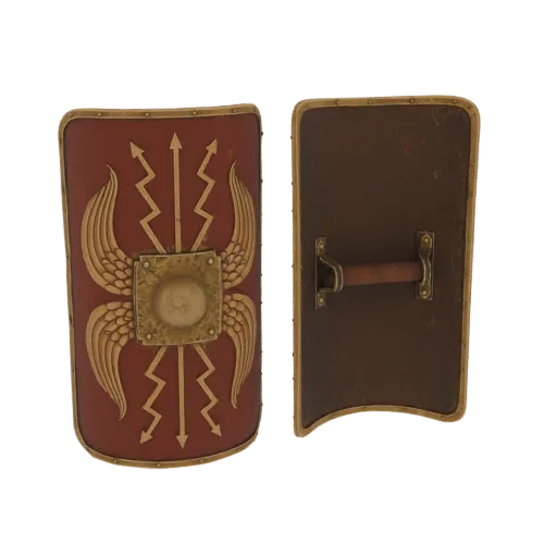 3D model of a Roman Scutum shield, front and back views, showing crimson face with gold decorations and brown wooden handle.