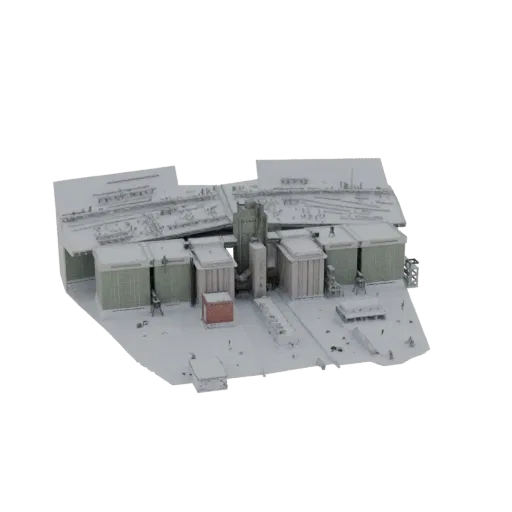 Modello 3D di un complesso industriale con torre centrale e silos verdi, visto da una prospettiva leggermente elevata.