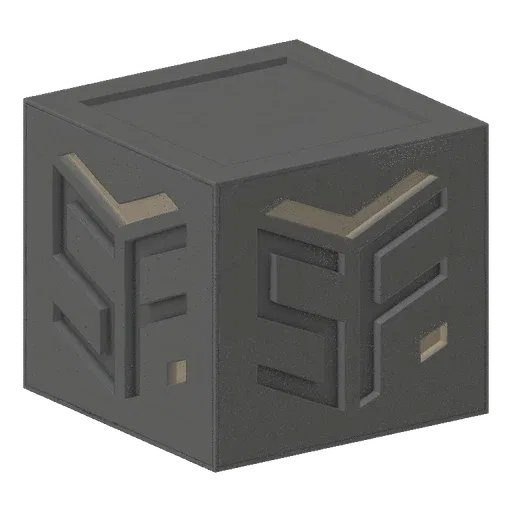 Render 3D de um cubo cinza escuro com um logo 'SF' em relevo em cor metálica mais clara em suas faces.