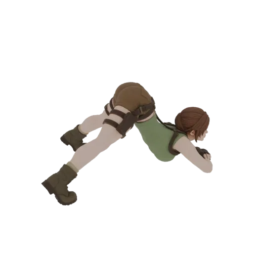 3D model of Lara Croft in a dynamic action pose, wearing her iconic outfit, against a white background.