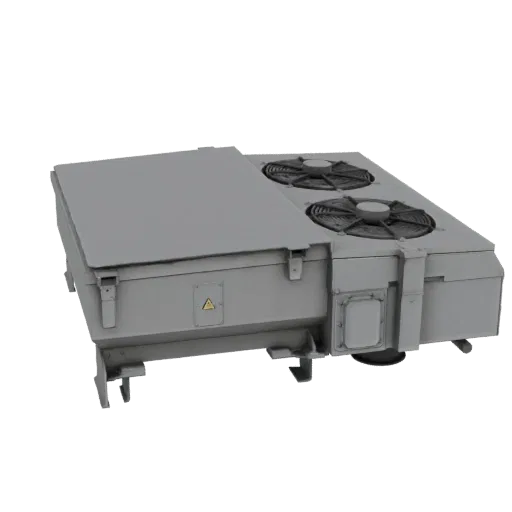 3D model of a grey industrial cooling unit with two large fans on top, set against a black background.