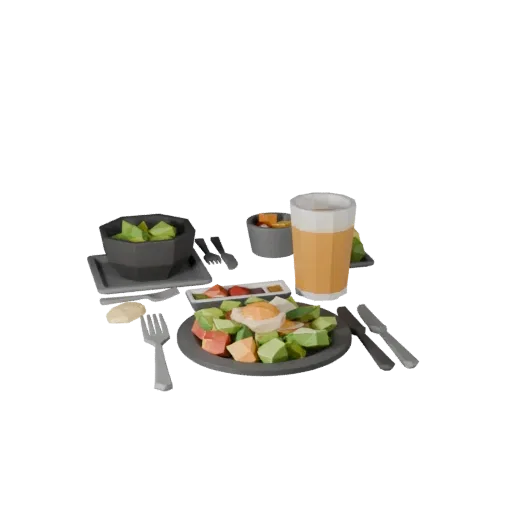 Breakfast Salad Bowl Set Low Poly 3D model, game viewport three-quarter view, showing ceramic, arranged serving layout.