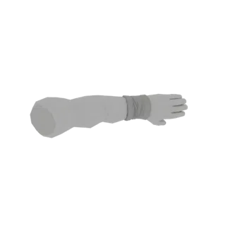3D model of a muscular human arm with grey bandages wrapped around the forearm, presented on a white background.