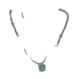 Modelo 3D Collar de Esmeraldas, render de estudio tres cuartos, con topología limpia y sombreado PBR en el collar.
