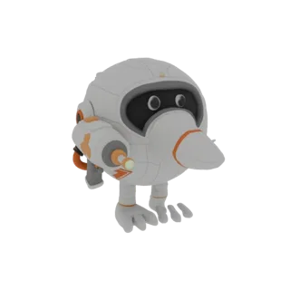A 3D render of a white and orange robotic kiwi bird wearing a space suit and holding a blaster, against a white background.