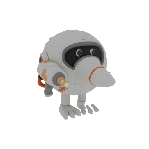 A 3D render of a white and orange robotic kiwi bird wearing a space suit and holding a blaster, against a white background.