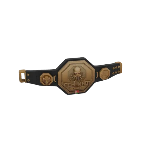 Modelo 3D de um cinto de campeonato com uma placa central dourada apresentando um emblema de polvo estilizado e detalhes orna