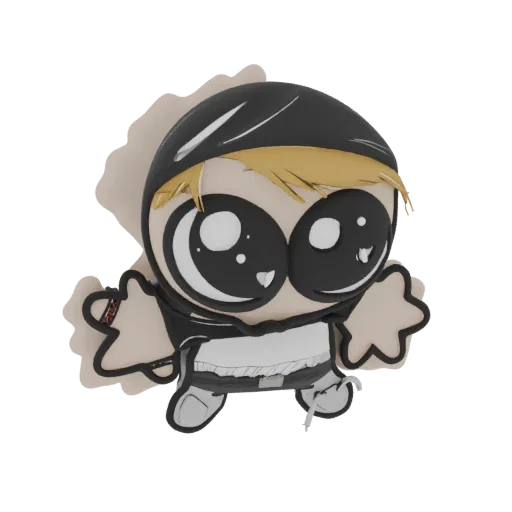 Modello 3D di personaggio anime Chibi con grandi occhi neri, indossa felpa nera e maglietta bianca, con capelli biondi.