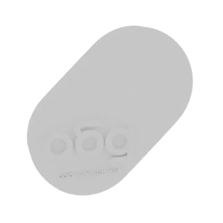 3D render of a light gray oval plaque with an embossed logo and text.