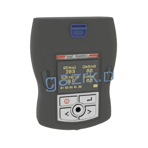 3D model of a portable gas detector with a screen displaying readings and a control keypad.