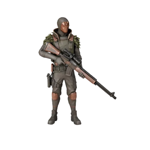 Personaggio 3D Cyberpunk Sniper, vista viewport motore, asset pronto per Unreal Engine con posa in piedi; fucile, mirino, ele