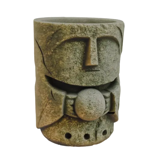 3D model of a weathered stone tiki head with a hollow top, designed as a planter, against a white background.