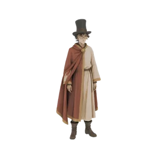 Modello 3D di uno studioso fantasy con cappello a cilindro, occhiali, veste color crema e mantello rosso con chiusura dorata.