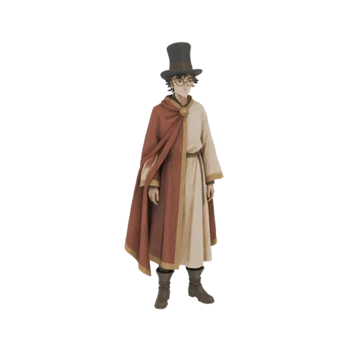 3D model of a fantasy scholar wearing a top hat, spectacles, a cream robe, and a red cape with a golden clasp.