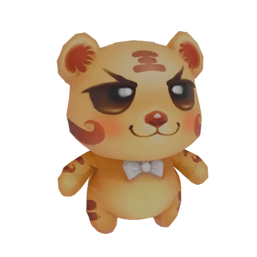 Un rendering 3D di un personaggio tigre carino e stilizzato con un papillon bianco, occhi grandi marroni e strisce arancioni.
