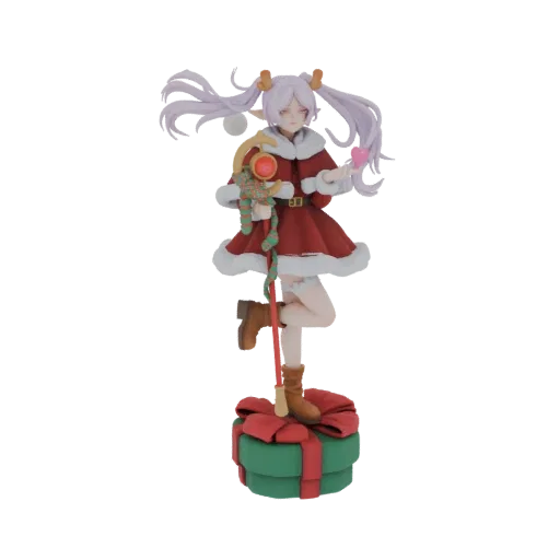 3D model of a Christmas elf girl in a red Santa outfit, holding a candy cane staff and a heart candy, standing on a gift box