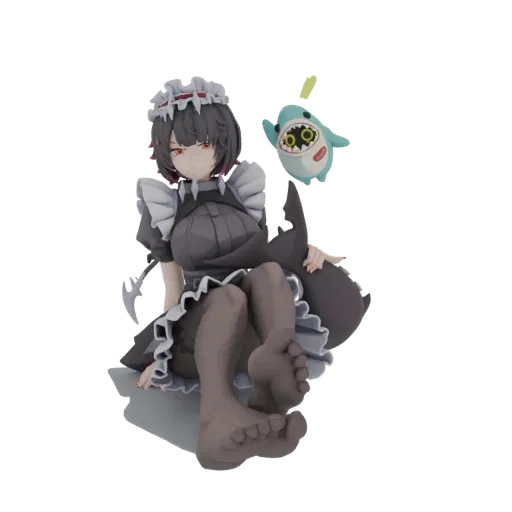 3D-Modell einer Gothic Maid mit dunklem Haar und roten Augen, im Dienstmädchen-Outfit, sitzend mit einem kleinen blauen Hai-B