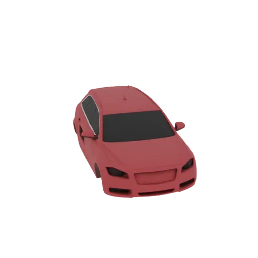 A 3D model of a red sedan viewed from a slightly elevated angle against a black background.