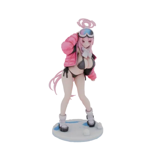 3D-Modell eines Anime-Engels mit pinker Daunenjacke, Bikini und Skibrille, auf verschneiter Basis.