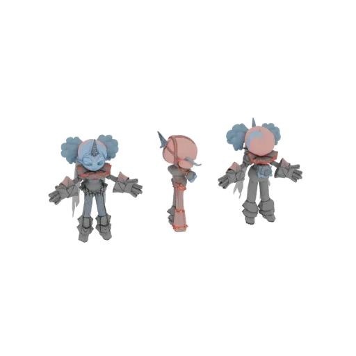 3D model of a fantasy warrior character with blue hair, a unicorn horn, and stylized armor, shown from multiple angles.