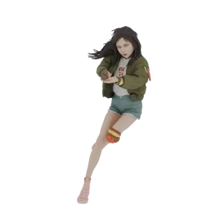 Modello 3D di una ragazza anime in posa dinamica, con giacca bomber e shorts, capelli scuri fluenti.