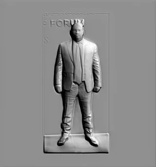 3D model of a man in a business suit with a tie, featuring a decorative inscription at the top.