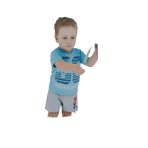 3D model of a toddler boy wearing a blue t-shirt and shorts, looking down at a smartphone he holds in his hands.