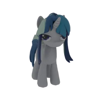 3D model of a gray unicorn with a sad expression and blue and teal mane, standing on a white background.