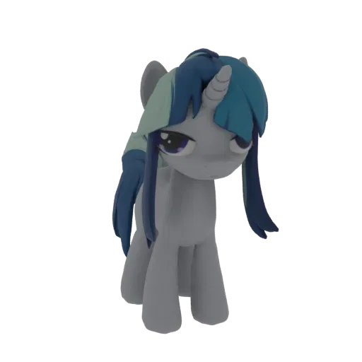 Modelo 3D de un unicornio gris con expresión triste y crin azul y turquesa, de pie sobre un fondo blanco.